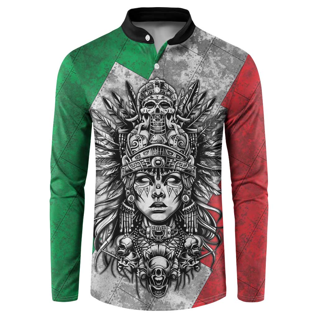 Mexico Aztec Warrior Goddess Button Sweatshirt Aztec Tribal Skull Tricolor Armor