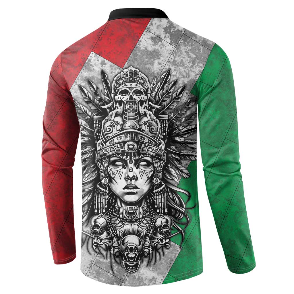 Mexico Aztec Warrior Goddess Button Sweatshirt Aztec Tribal Skull Tricolor Armor