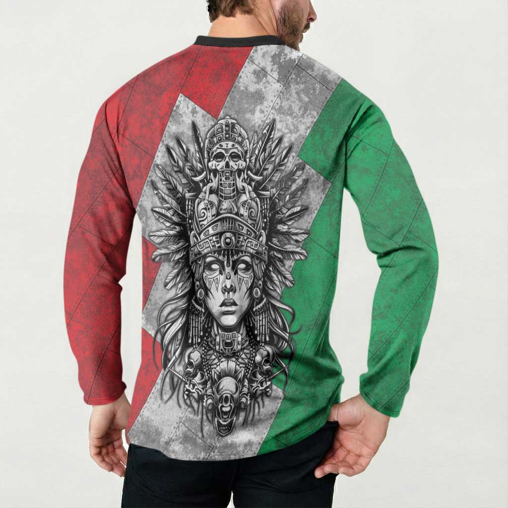 Mexico Aztec Warrior Goddess Button Sweatshirt Aztec Tribal Skull Tricolor Armor