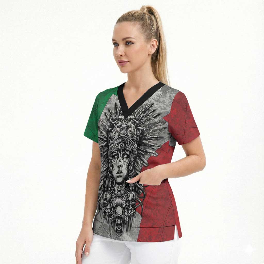 Mexico Aztec Warrior Goddess Scrub Top Aztec Tribal Skull Tricolor Armor