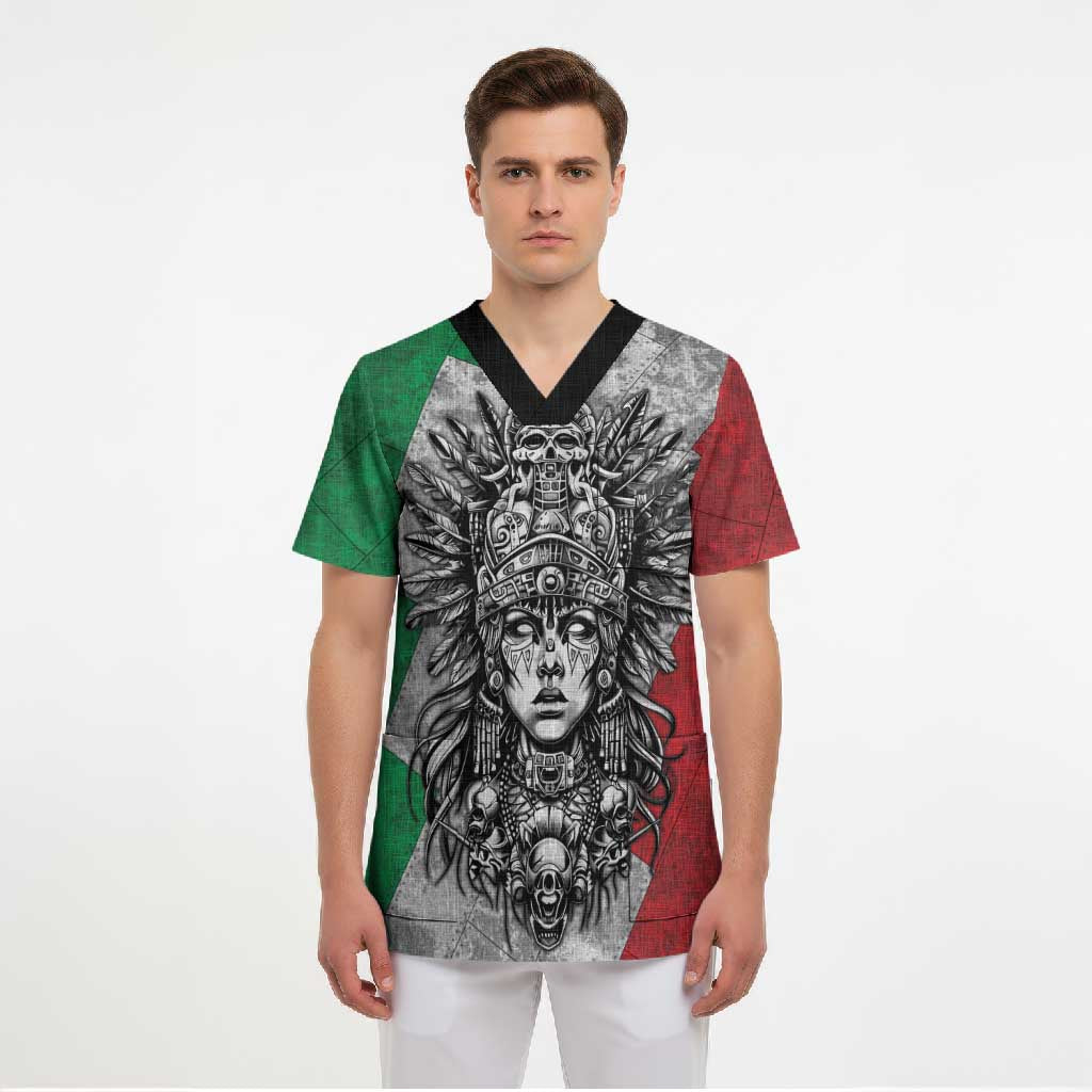 Mexico Aztec Warrior Goddess Scrub Top Aztec Tribal Skull Tricolor Armor