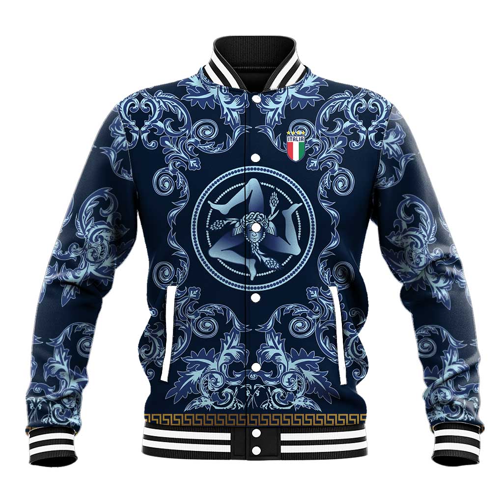 Custom Italy Football 2026 Baseball Jacket Italian Trinacria Blue Baroque Design