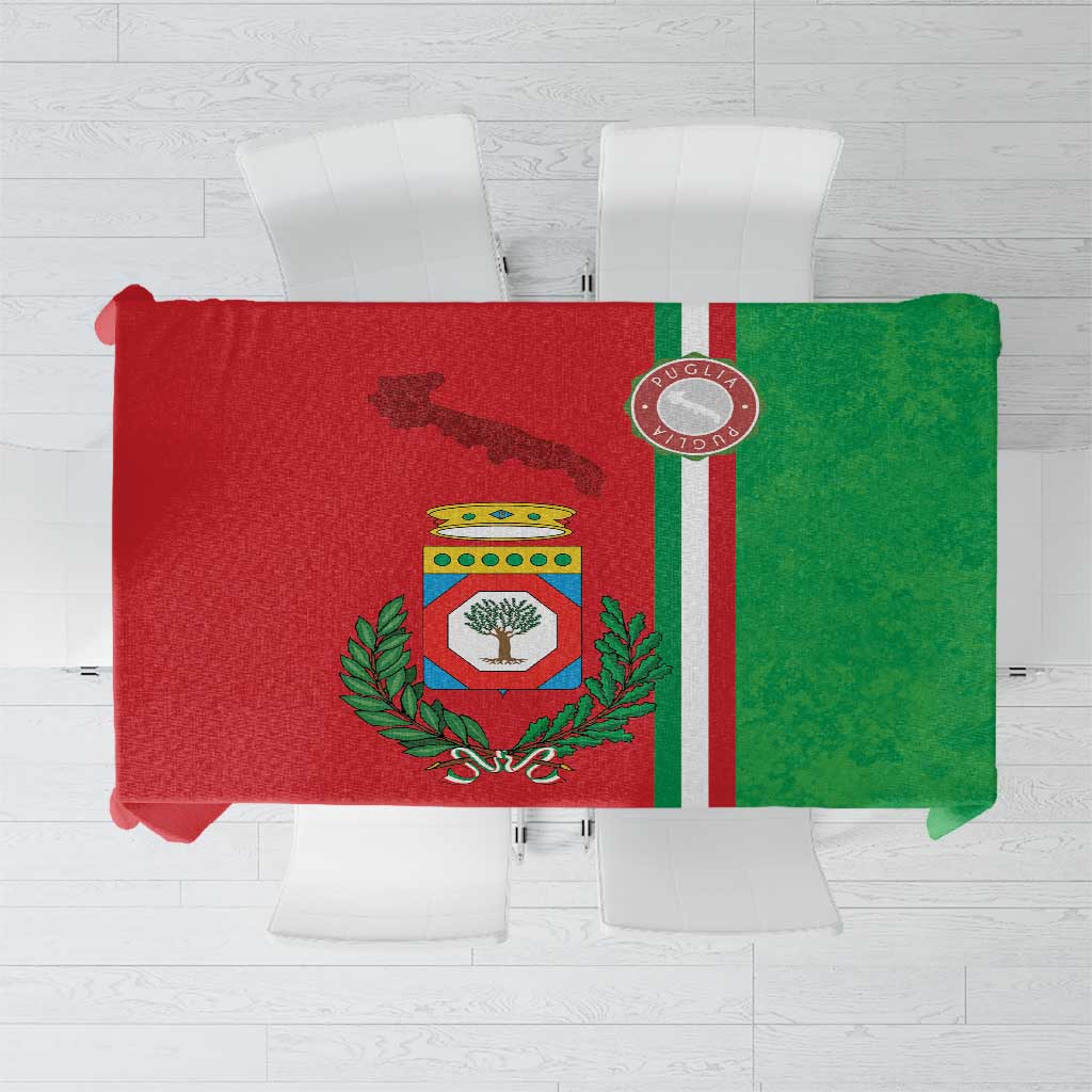 Apulia-themed tablecloth with coat of arms, red and green panels with vertical stripe