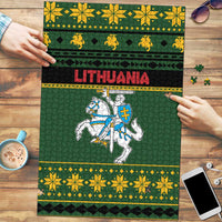 Green Lithuania Christmas puzzle with coat of arms, knight, and decorative yellow border
