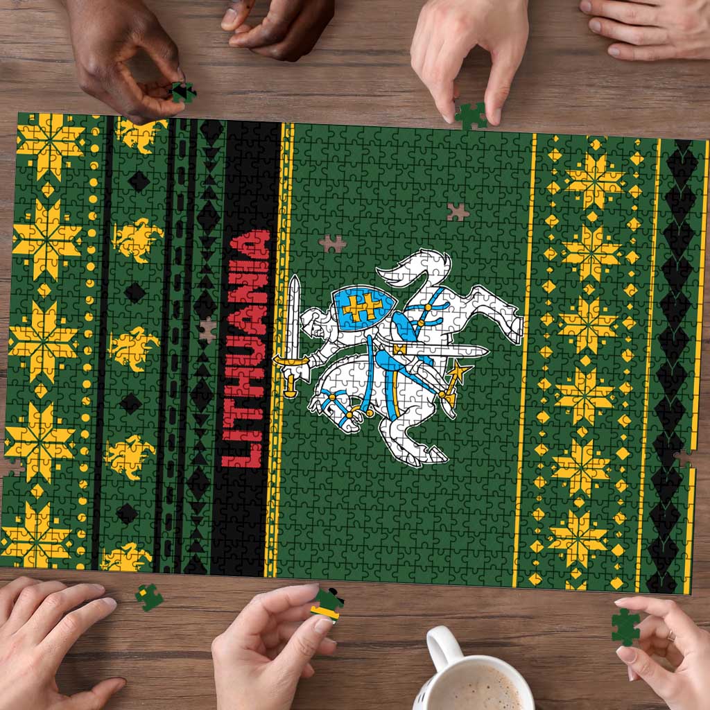 Green Lithuania puzzle panel with coat-of-arms knight and yellow patterned side stripes