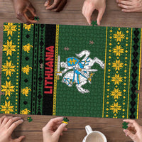 Green Lithuania puzzle panel with coat-of-arms knight and yellow patterned side stripes