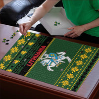 Green Lithuania Christmas jigsaw puzzle with coat-of-arms knight and yellow garland frame