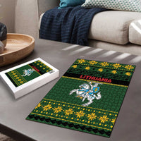 Green Lithuania jigsaw puzzle with coat of arms knight design, 'LITHUANIA' title