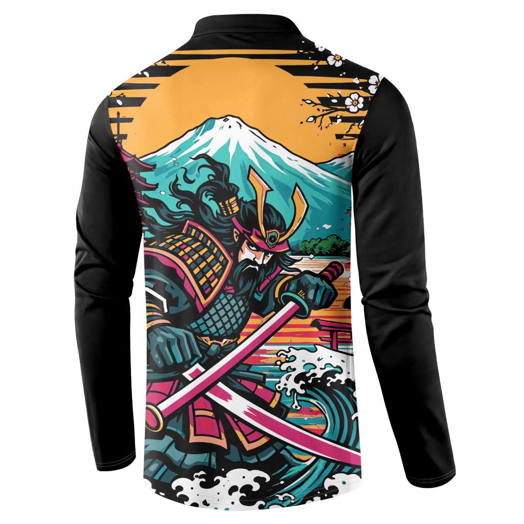 Japanese Samurai Warrior Mount Fuji Button Sweatshirt Katana Japanese Wave Cherry Blossom Art