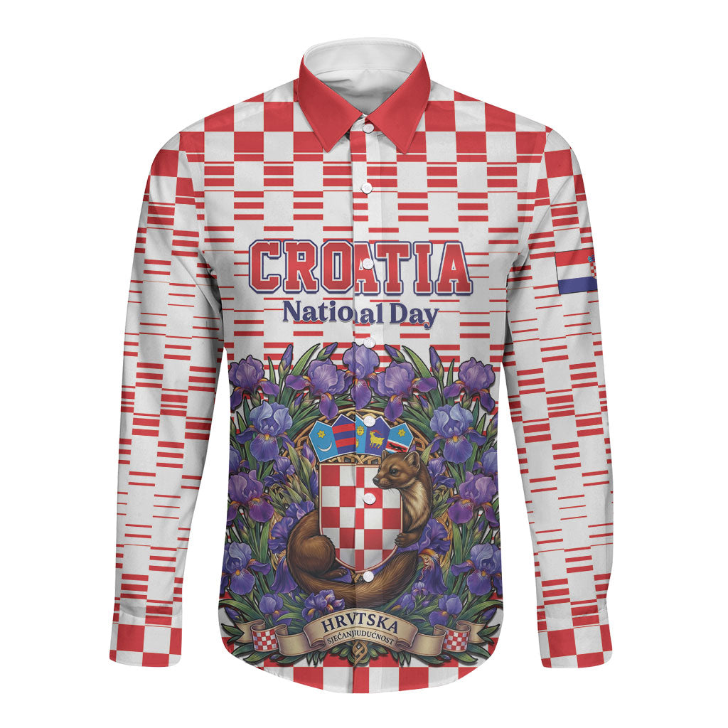 Personalized Croatia National Day Long Sleeve Button Shirt Croatian Kuna Heritage Iris Floral