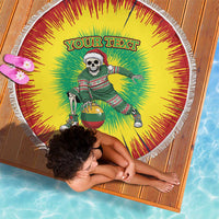Round beach blanket with tassel trim, tie-dye sunburst with skeleton dunk and “YOUR TEXT”
