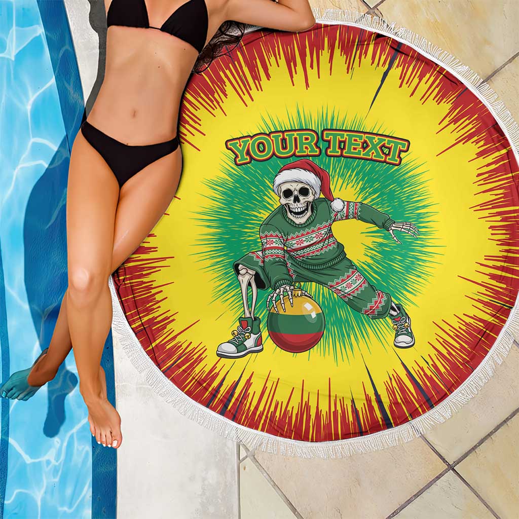 Round beach blanket with tassel edge, yellow-red-green tie-dye sunburst and skeleton basketball art