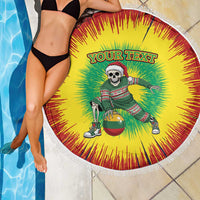 Round beach blanket with tassel edge, yellow-red-green tie-dye sunburst and skeleton basketball art