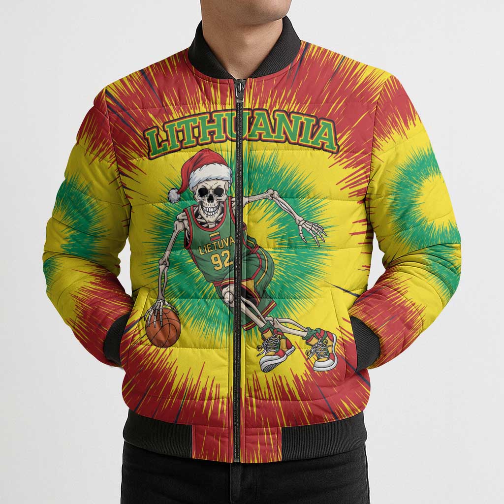 Personalized Lithuania Christmas Tie Dye Bomber Puffer Jacket Skeleton Basketball Slam Dunk LT19