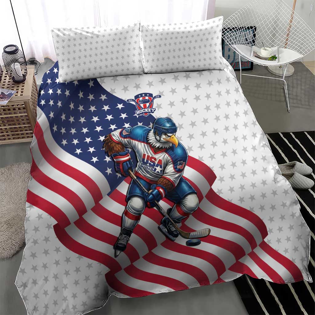 USA Ice Hockey Bedding Set Eagle Mascot Stars and Stripes Design