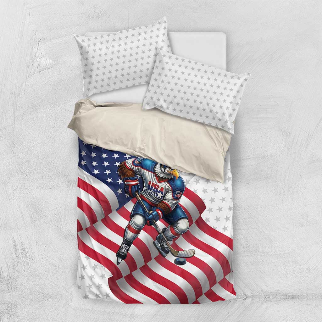 USA Ice Hockey Bedding Set Eagle Mascot Stars and Stripes Design