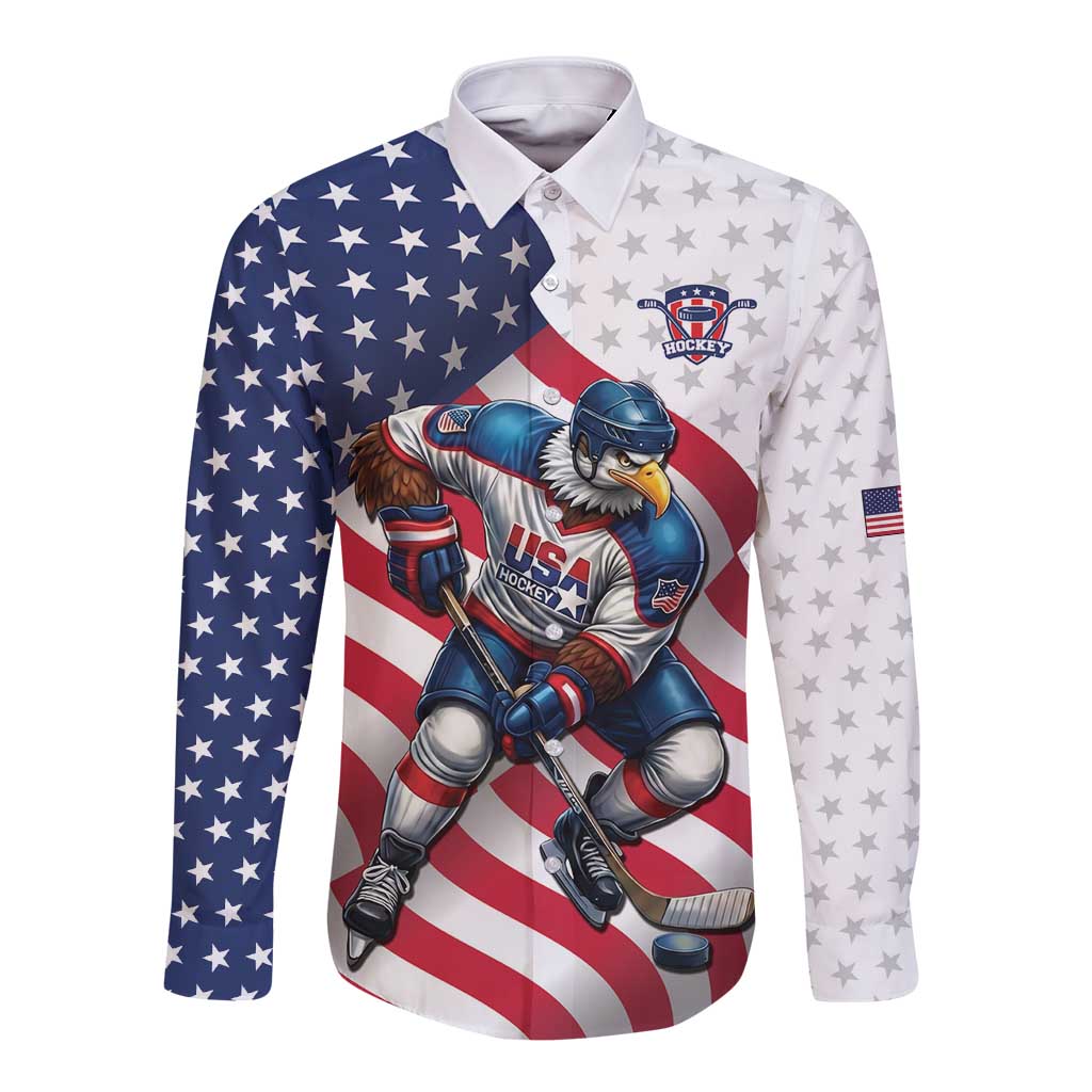 Custom USA Ice Hockey Long Sleeve Button Shirt Eagle Mascot Stars and Stripes Design