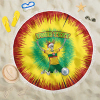 Round beach blanket with white fringe; tie-dye skeleton soccer player, “YOUR TEXT”