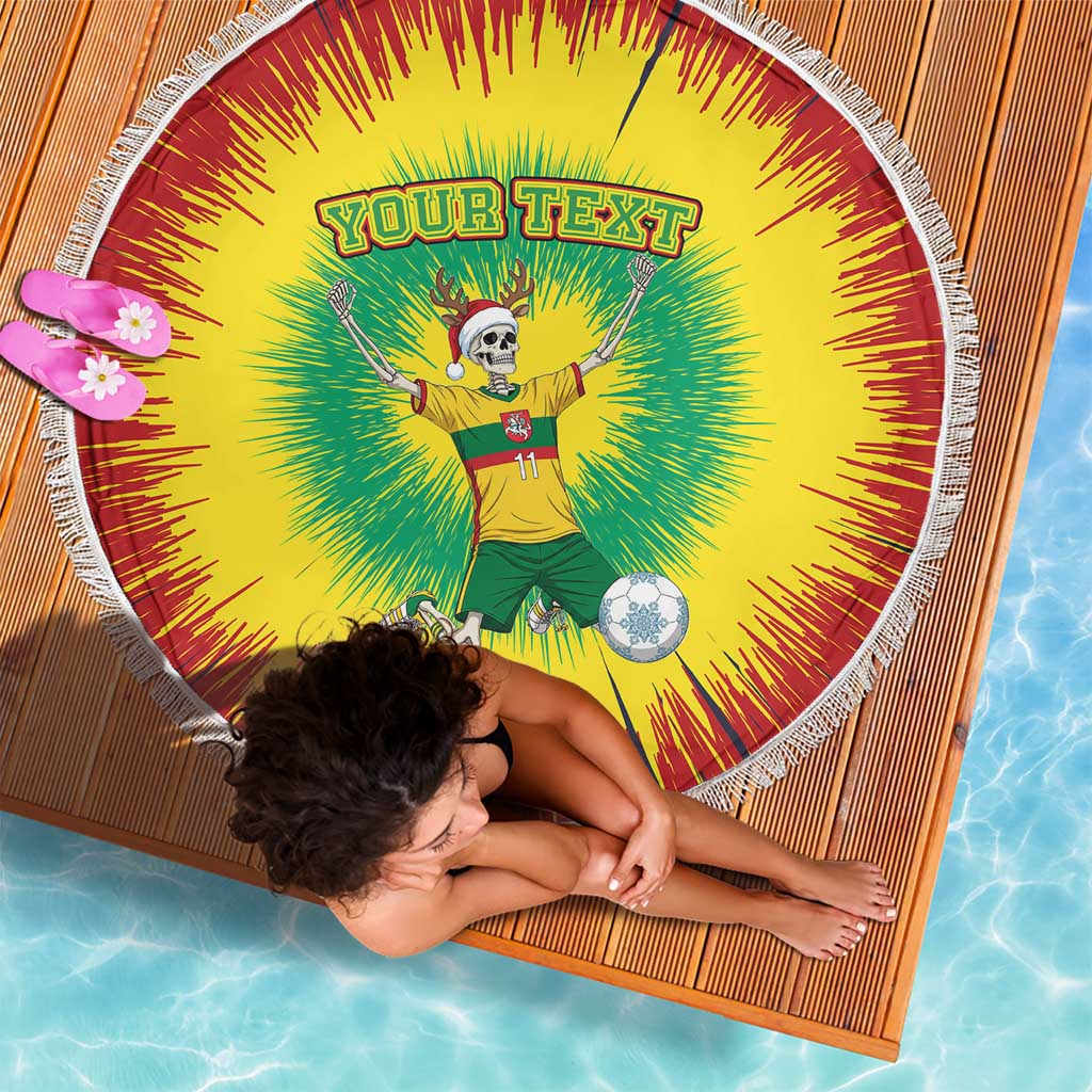 Round beach blanket with white fringe, tie-dye skeleton soccer player and “YOUR TEXT”