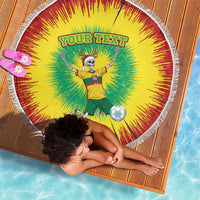 Round beach blanket with white fringe, tie-dye skeleton soccer player and “YOUR TEXT”