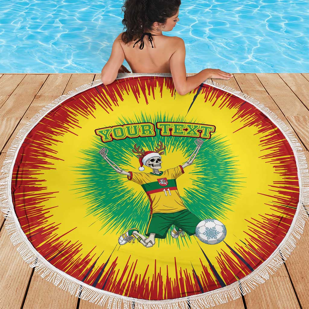 Round beach blanket with white fringe, yellow-green-red tie-dye skeleton soccer pose
