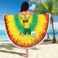 Round beach blanket with white fringe, tie-dye skeleton soccer player with “YOUR TEXT”