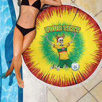 Round beach blanket with white fringe, tie-dye skeleton soccer design with “YOUR TEXT”