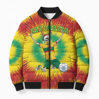 Tie-dye bomber puffer jacket in yellow, red, and green with full-zip and skeleton player graphic