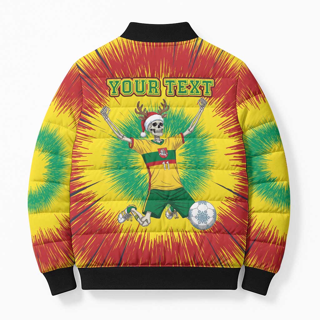 Tie-dye bomber puffer jacket with full-zip; back text 'YOUR TEXT' and skeleton soccer graphic