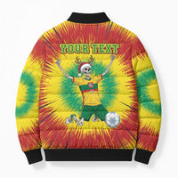 Tie-dye bomber puffer jacket with full-zip; back text 'YOUR TEXT' and skeleton soccer graphic
