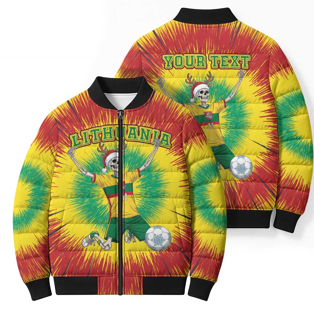 Two tie-dye bomber puffer jackets with full-zip, skeleton soccer goalie graphics, ribbed trims