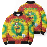 Two tie-dye bomber puffer jackets with full-zip, skeleton soccer goalie graphics, ribbed trims