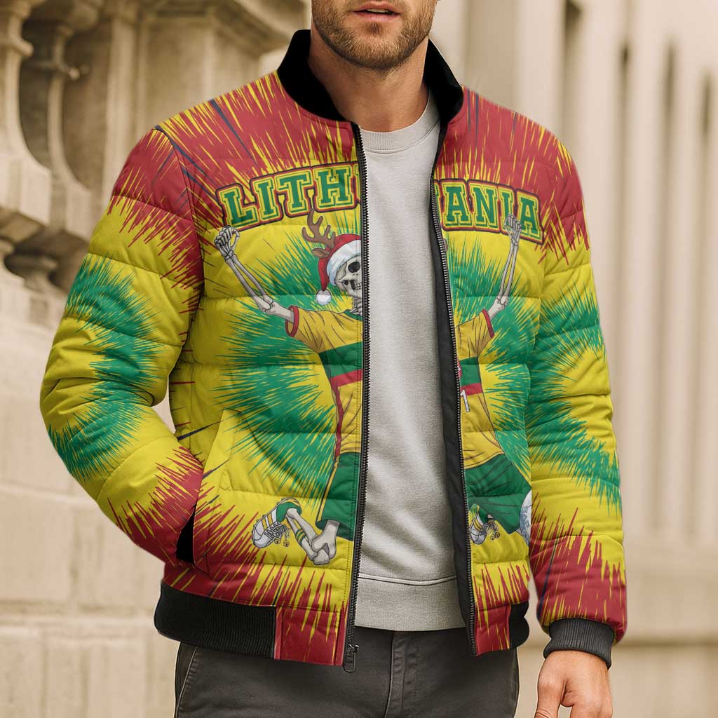Tie-dye bomber puffer jacket worn by a man with full-zip and skeleton soccer graphic, ribbed hem