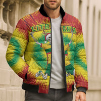 Tie-dye bomber puffer jacket worn by a man with full-zip and skeleton soccer graphic, ribbed hem