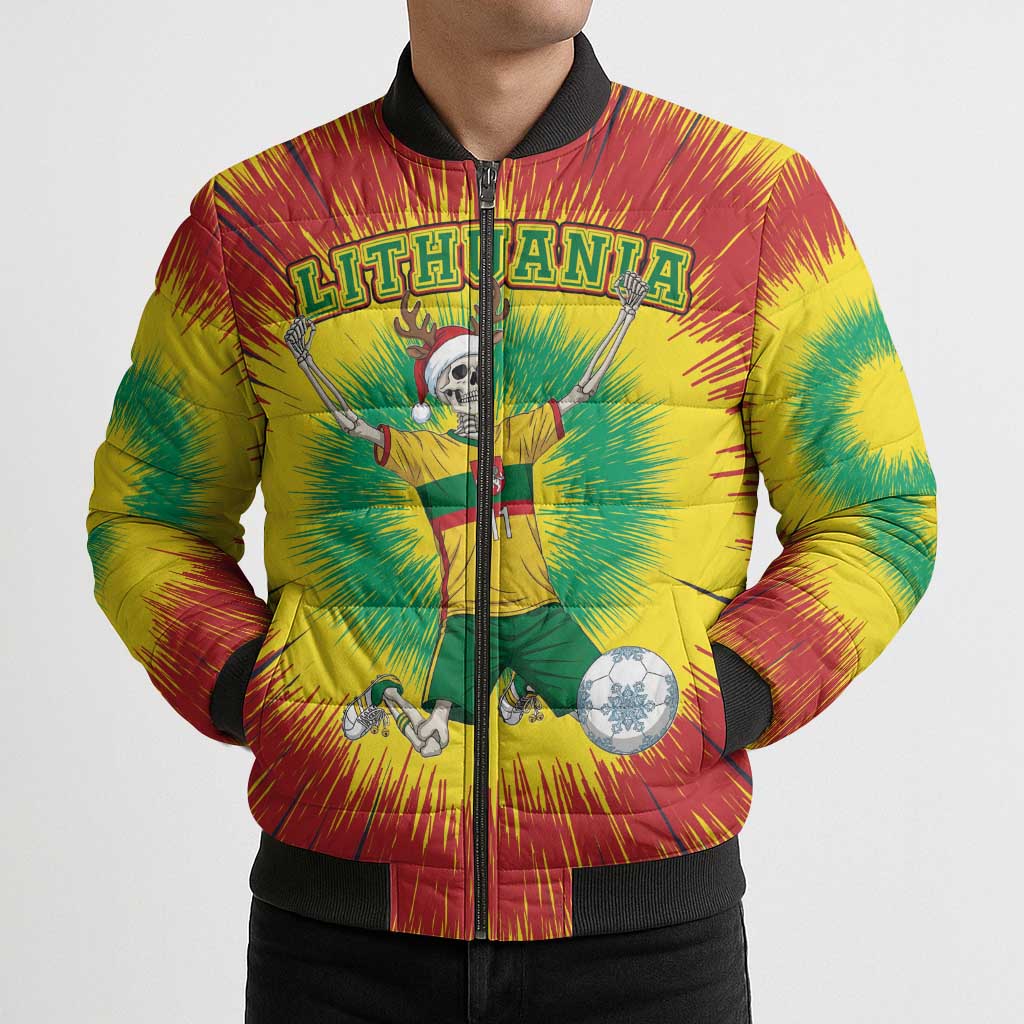 Tie-dye bomber puffer jacket with full-zip and 'LITHUANIA' skeleton soccer graphic, ribbed cuffs