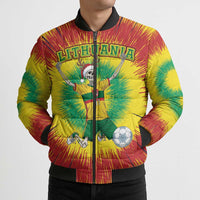 Tie-dye bomber puffer jacket with full-zip and 'LITHUANIA' skeleton soccer graphic, ribbed cuffs