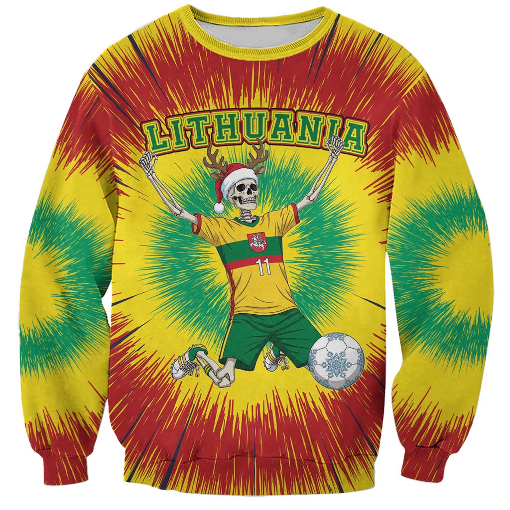 Personalized Lithuania Christmas Tie Dye Sweatshirt Skeleton Soccer Goal Celebration Santa Hat - Wonder Print Shop