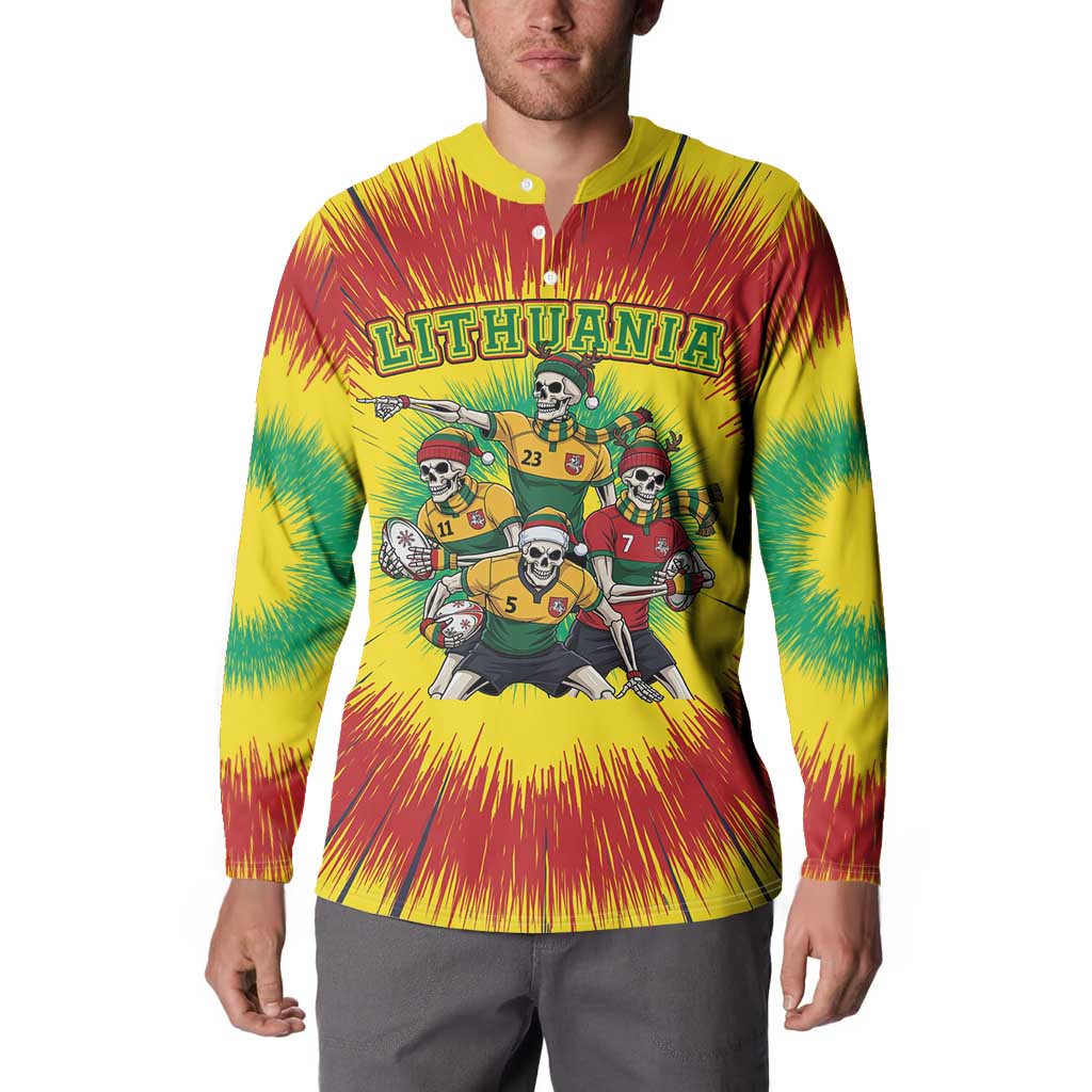 Personalized Lithuania Christmas Button Sweatshirt Skeleton Rugby Tie Dye Vintage - Wonder Print Shop