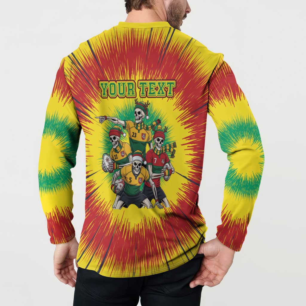 Personalized Lithuania Christmas Button Sweatshirt Skeleton Rugby Tie Dye Vintage - Wonder Print Shop