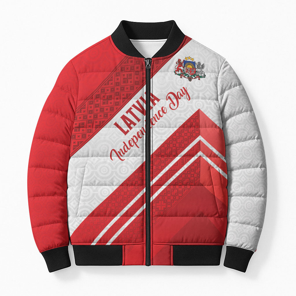 Personalized Latvia Independence Day Bomber Puffer Jacket Latvijas Republika Folk Pattern