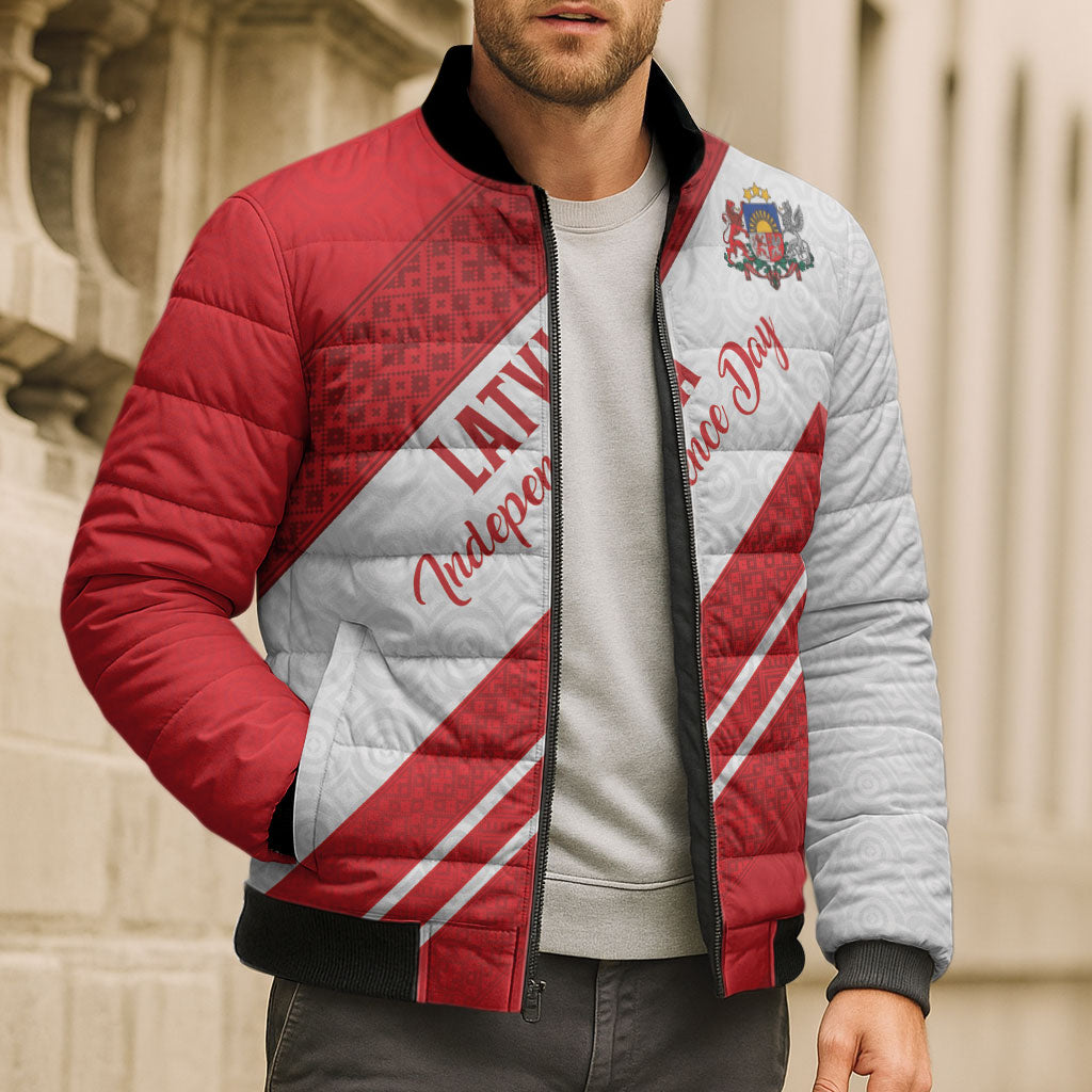 Personalized Latvia Independence Day Bomber Puffer Jacket Latvijas Republika Folk Pattern