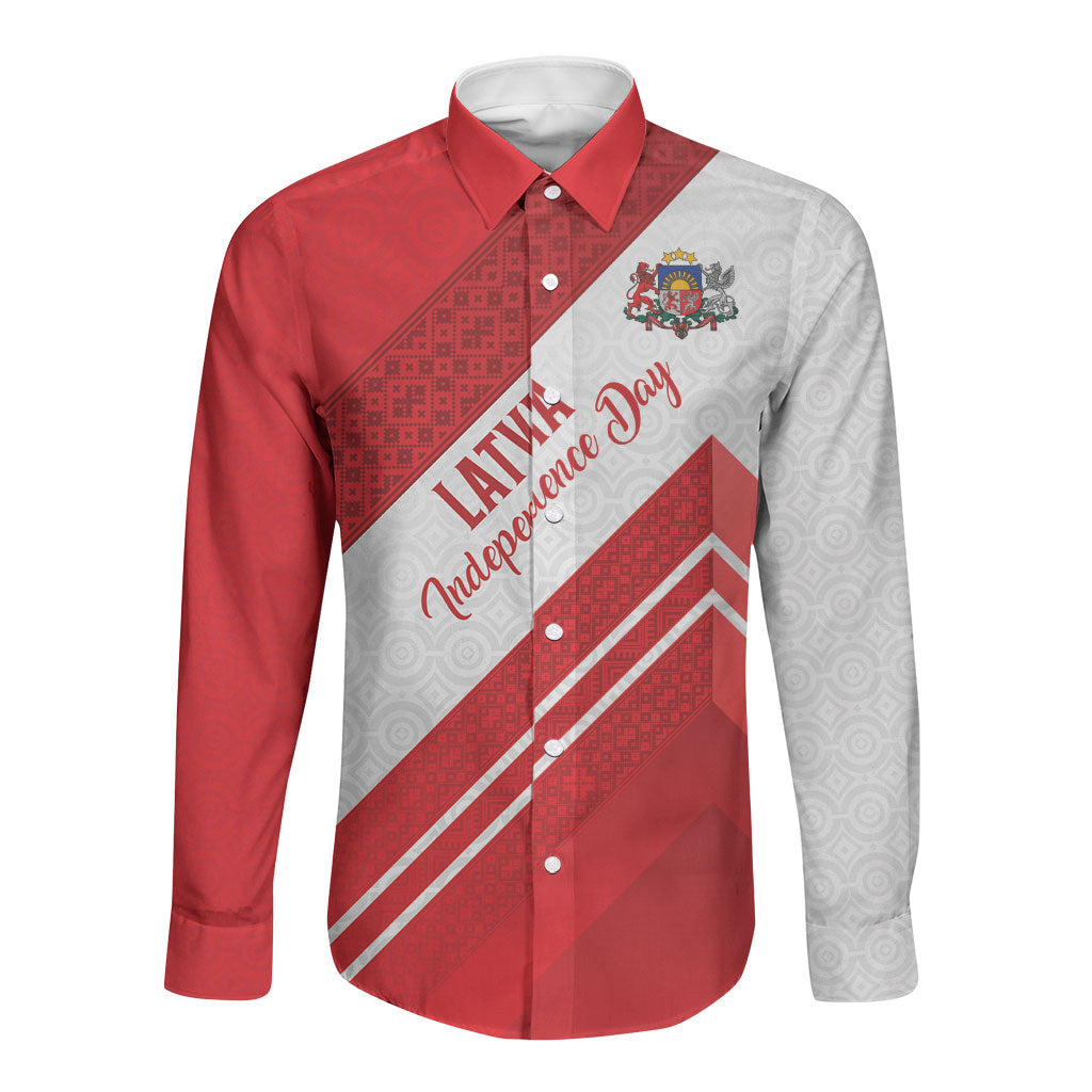 Personalized Latvia Independence Day Long Sleeve Button Shirt Latvijas Republika Folk Pattern