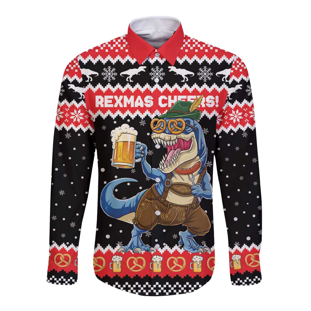 Personalized German T-Rex Christmas Long Sleeve Button Shirt Funny Beer Dinosaur Xmas - Wonder Print Shop