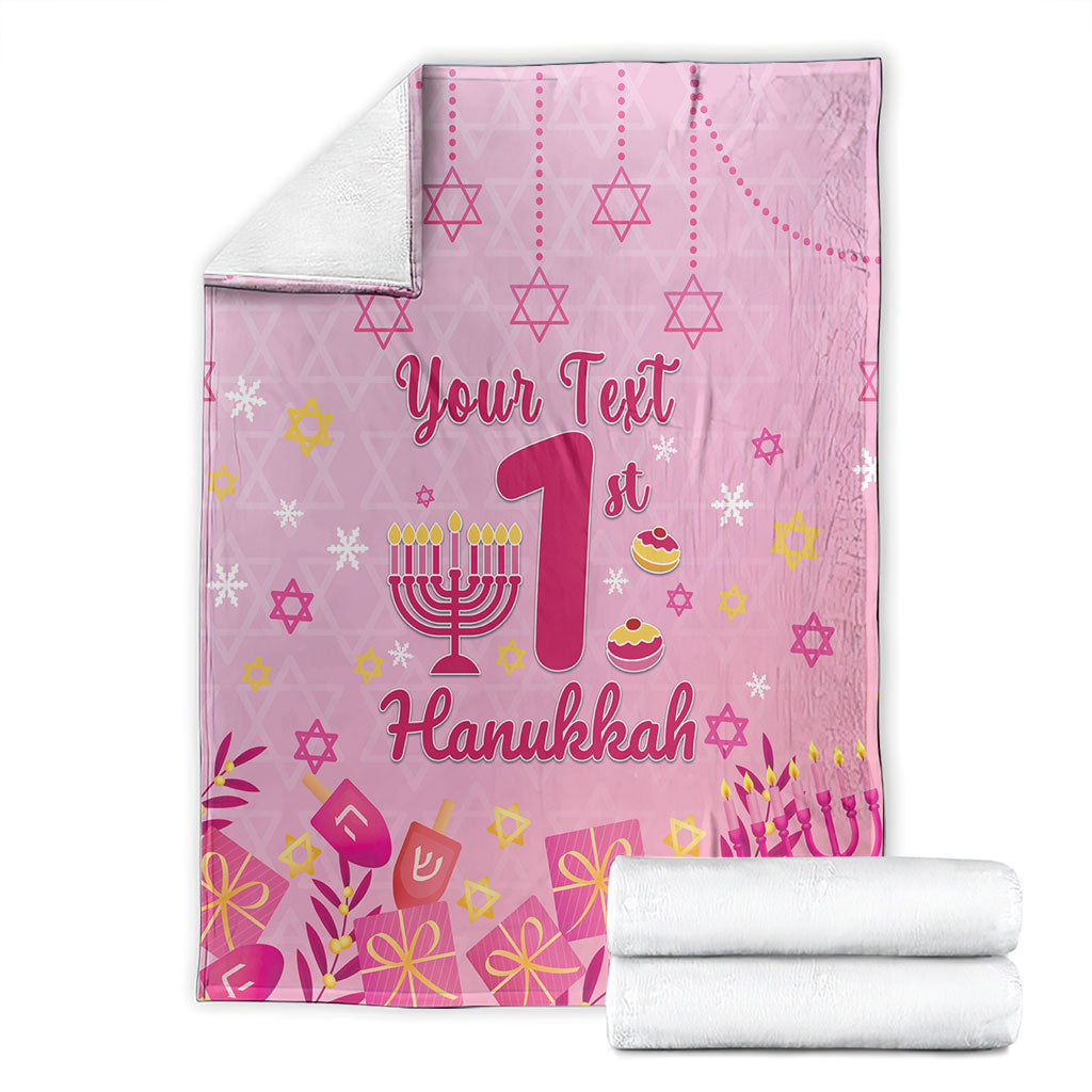 My First Hanukkah Personalized Blanket Menorah Dreidels Star of David Pink
