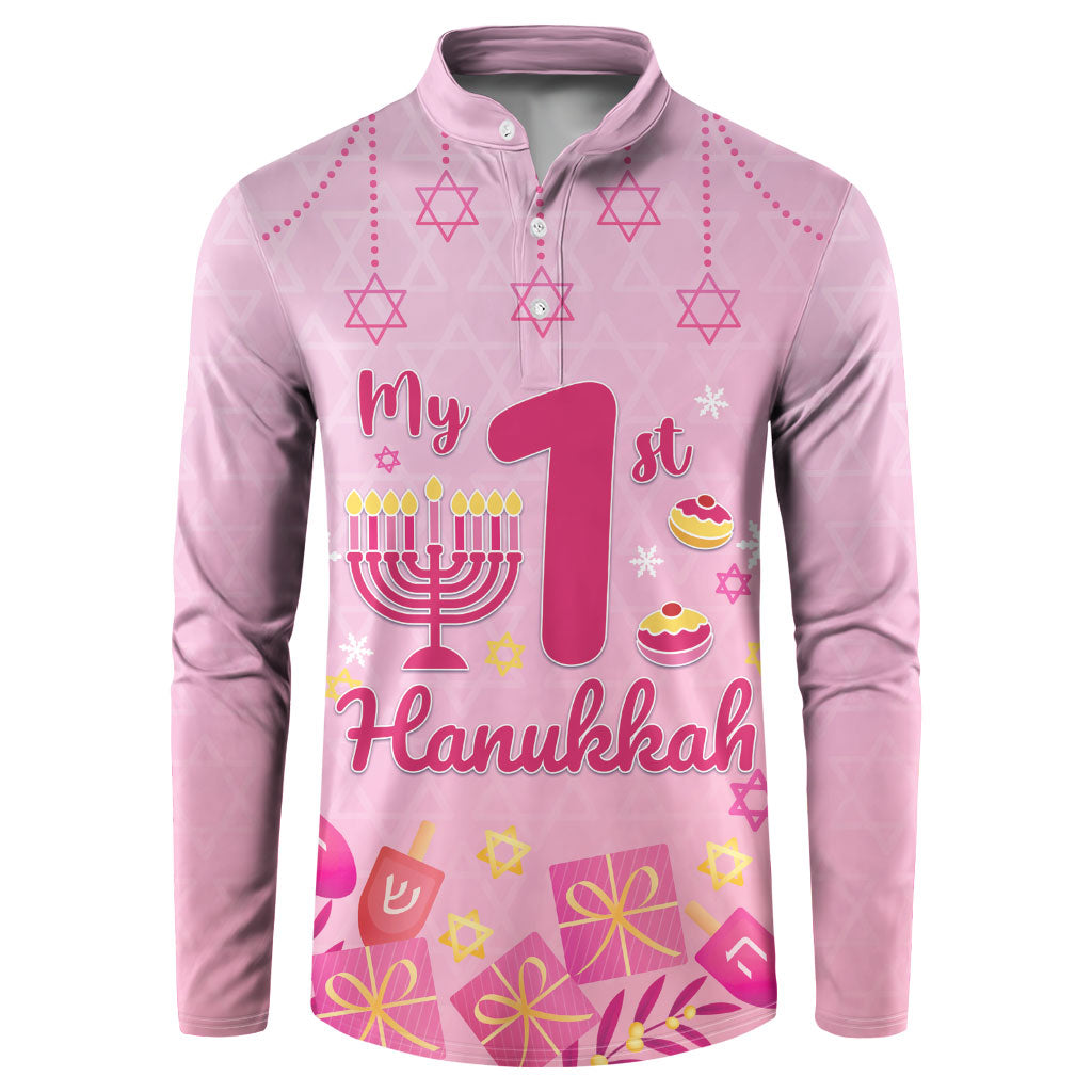 My First Hanukkah Personalized Button Sweatshirt Menorah Dreidels Star of David Pink