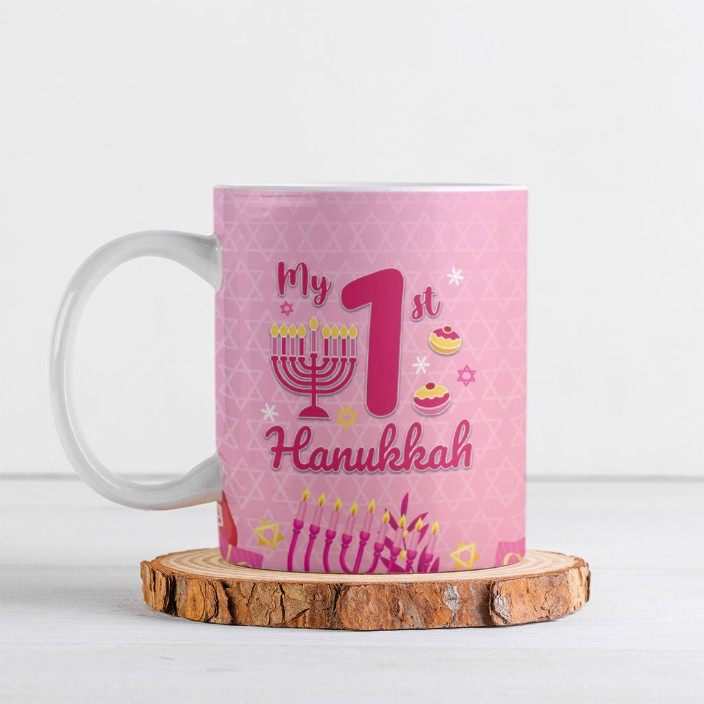 My First Hanukkah Personalized Ceramic Mug Menorah Dreidels Star of David Pink