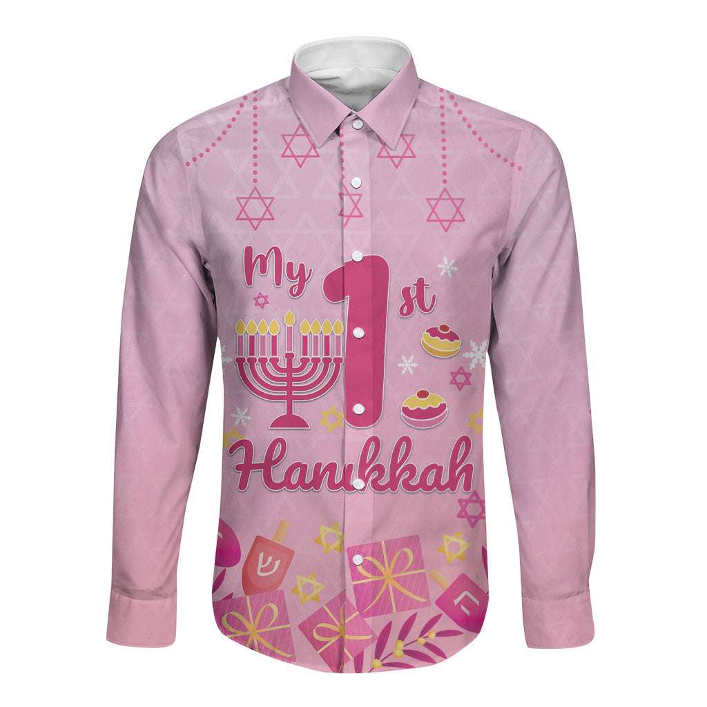 My First Hanukkah Personalized Long Sleeve Button Shirt Menorah Dreidels Star of David Pink