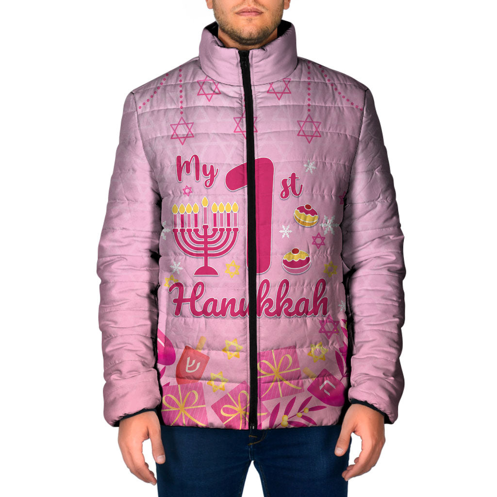 My First Hanukkah Personalized Padded Jacket Menorah Dreidels Star of David Pink
