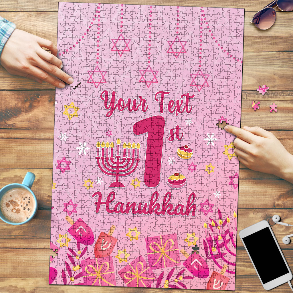 My First Hanukkah Personalized Puzzle Menorah Dreidels Star of David Pink