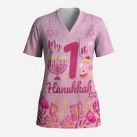 My First Hanukkah Personalized Scrub Top Menorah Dreidels Star of David Pink